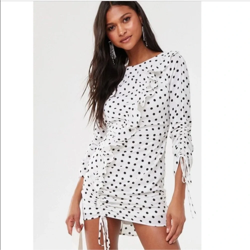 Blue Bush Black & White Polka Dot Ruffle Ruched Woven Dress Size Large